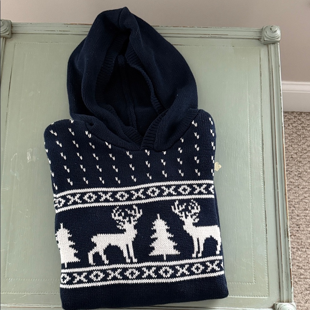 Old Navy Dark Blue Hooded Sweater with White Reindeer Design